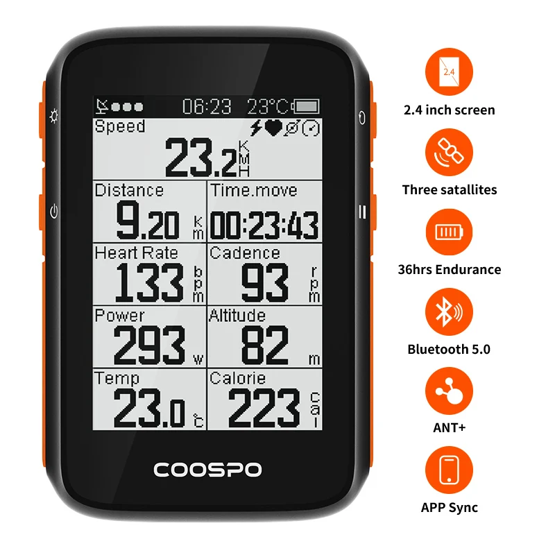 CooSpo 2.4 Inch Wireless Bike Computer BC200 Cycle GPS Speedometer Odometer BLE5.0 ANT+ APP Sync Sensor Waterproof with Bracket