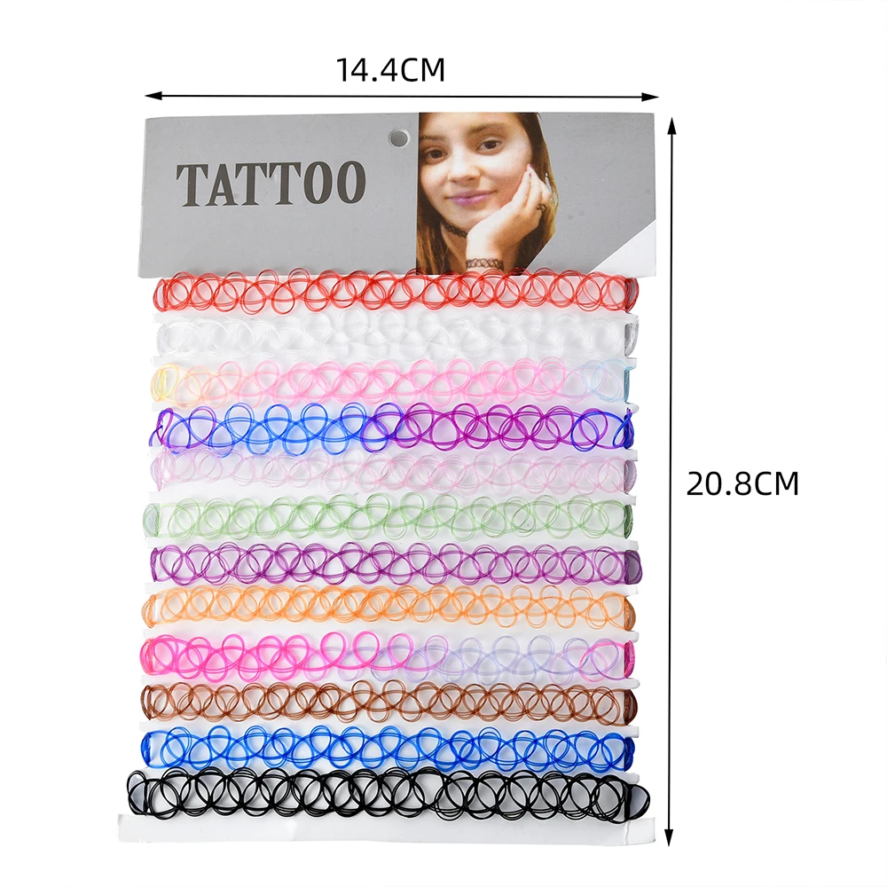 12Pcs/Set Mixed Color Tattoo Rainbow Chokers Vintage Gothic Punk Elastic Necklace Women Jewelry Party Wear Decoration for Girls