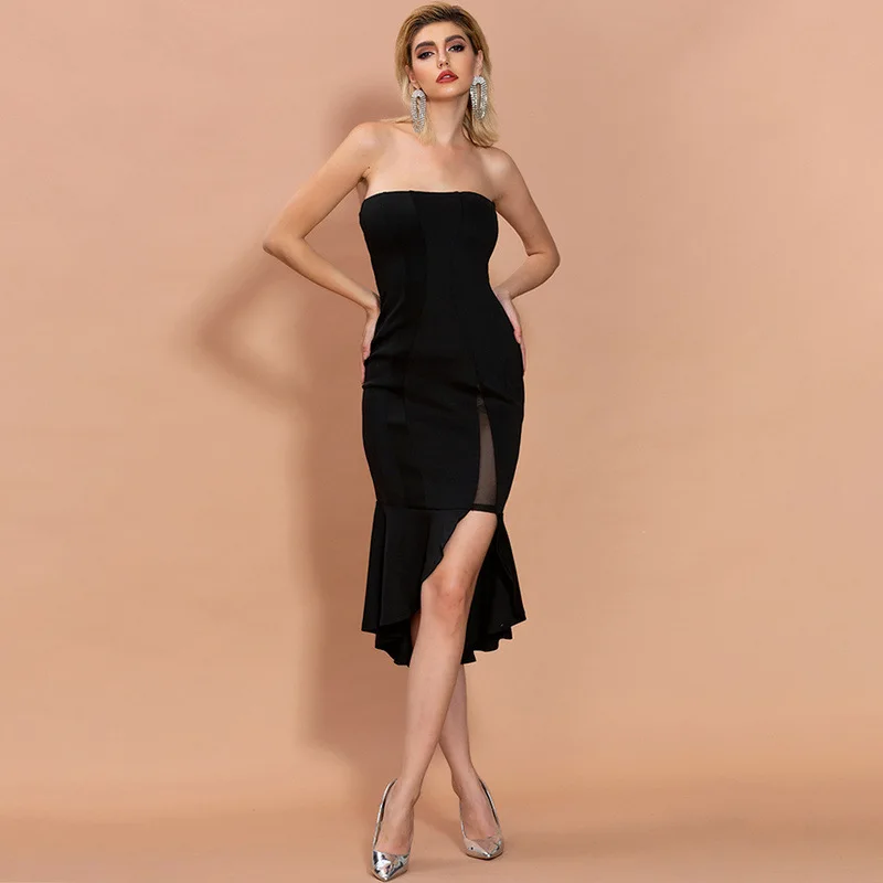 2020 Spring and Summer New Strpless Bar Lrregular Fishtail Hem Sexy Slim Dresses Short Black Cocktail Dresses