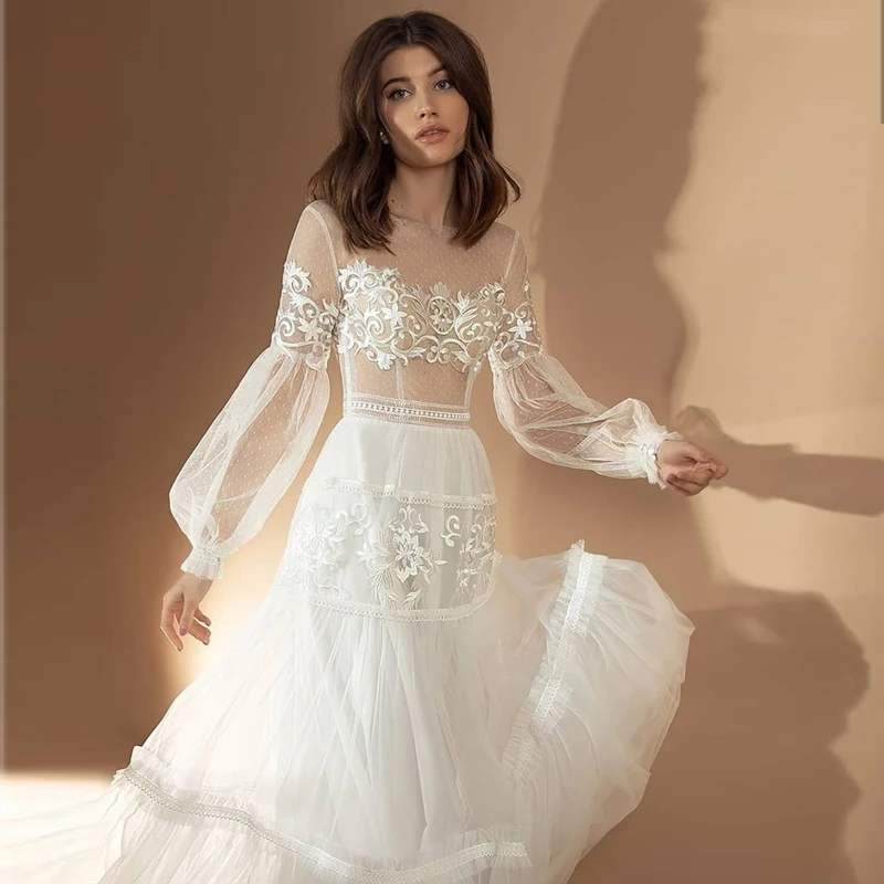 Robe de Mariée de Luxe à Col Rond avec Plis Style Boho, Ligne A, Manches sulfLanterne, Sexy, Élégante, pour Patients, Quelle que soit la Longueur au Sol, 2024