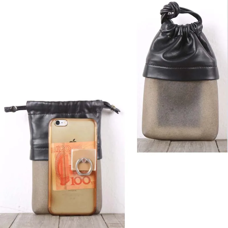 Drawstring Storage Bag Genuine Cowhide Leather Handmade Clutch Bag Men Casual Coin Purses Women Cell Phone Wallets