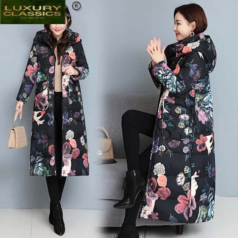 Plus Size Women's Winter Down Jacket Woman Coat Female Floral White Duck Down Women Parkas Hooded Elegant Coats 2021103