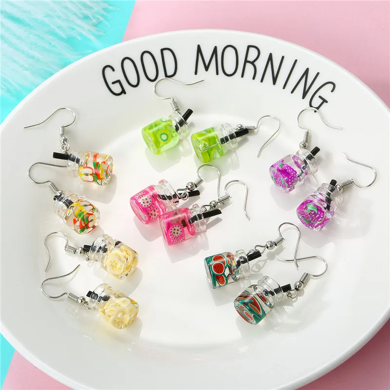 Dayoff Cute Resin Bottle Pendant Earings For Women Jewelry Creative Pitaya Apple Watermelon Fruit Drop Dangle Earing Gift E509