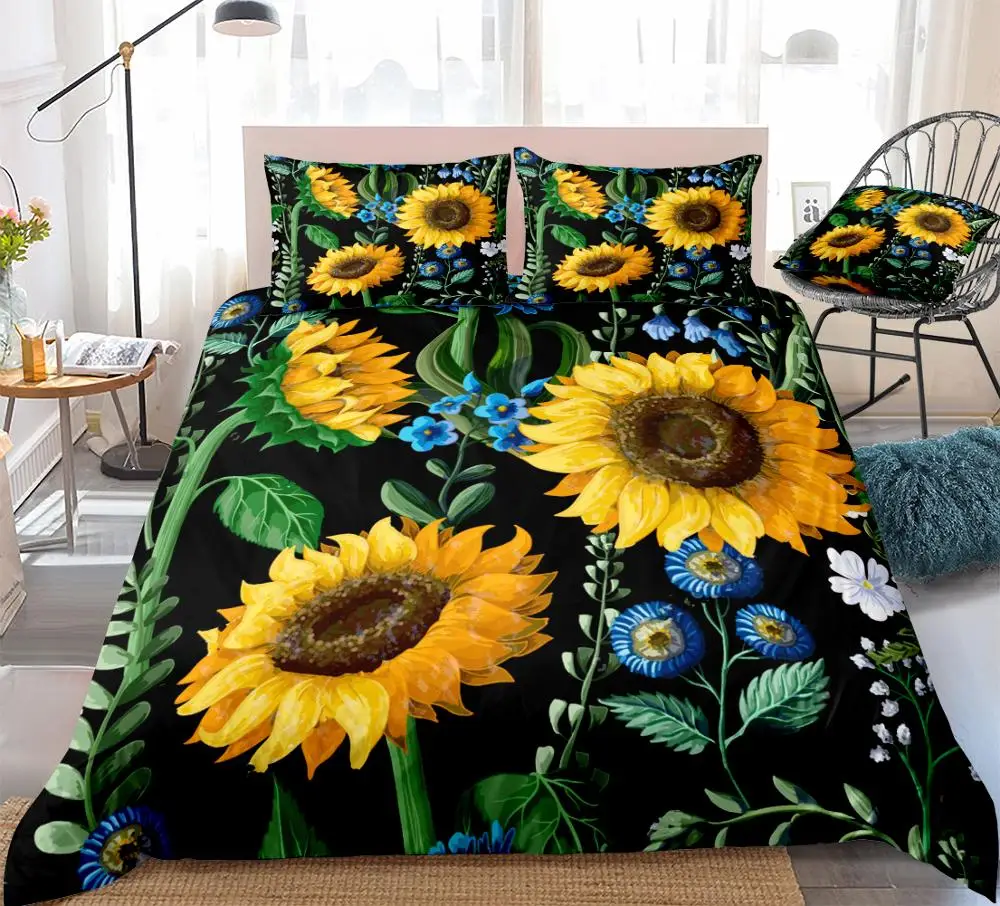 3d floral bedding set black quilt cover sunflower duvet cover set king dropship yellow blue flowers home textiles botanical