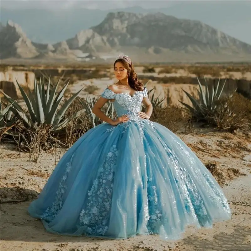 

Бальное платье небесно-голубого цвета 2021, платья Quinceanera с открытыми плечами и 3D цветами, милое платье 16, вечерние платья принцессы, платья Xv года