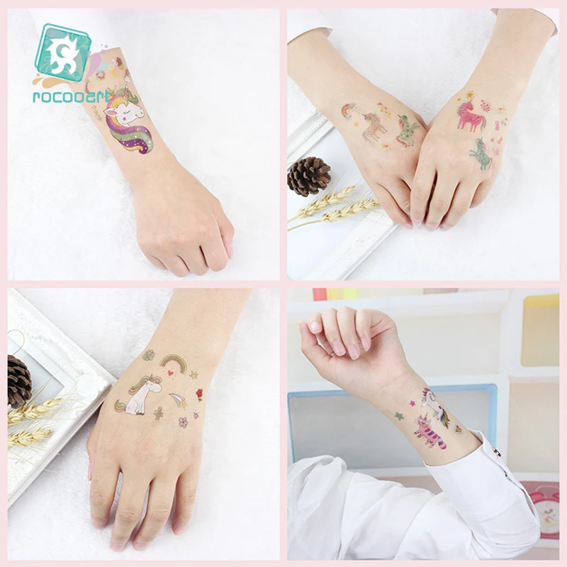 Rocooart-tatuaje de unicornio de dibujos animados para niños, tatuaje falso, tatuaje temporal, impermeable