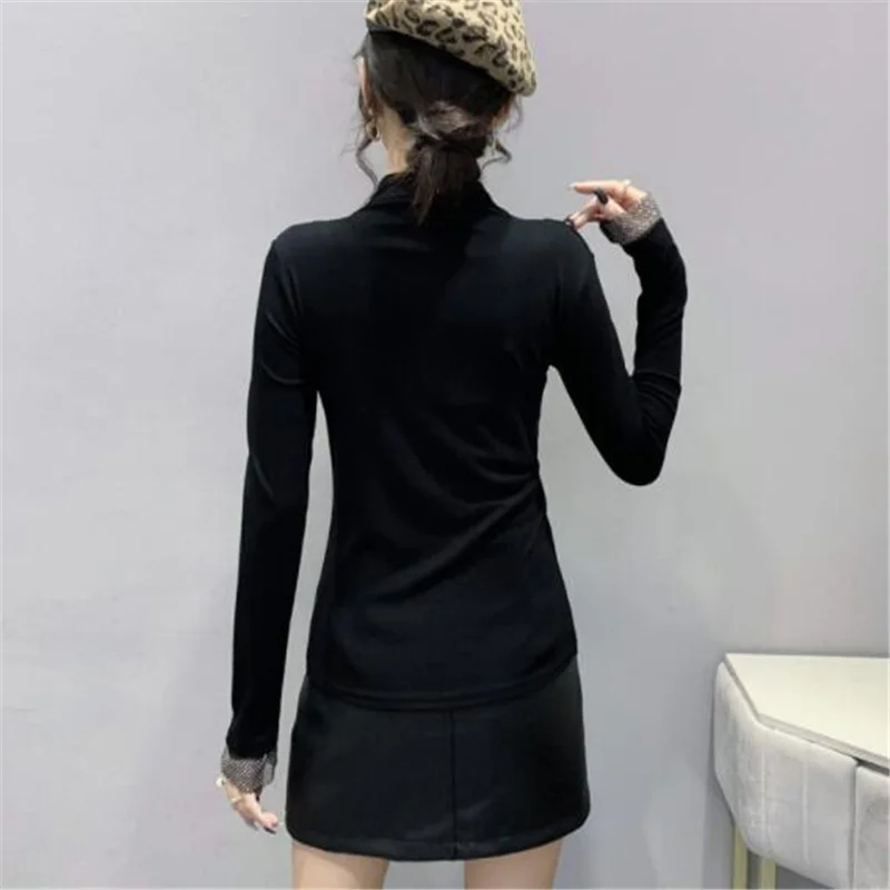 Hot Drilling T-shirt For Women Turtleneck Long-sleeved Top Female Pullover Winter Base Tee  Diamond Cotton Basic Women's Tshirt