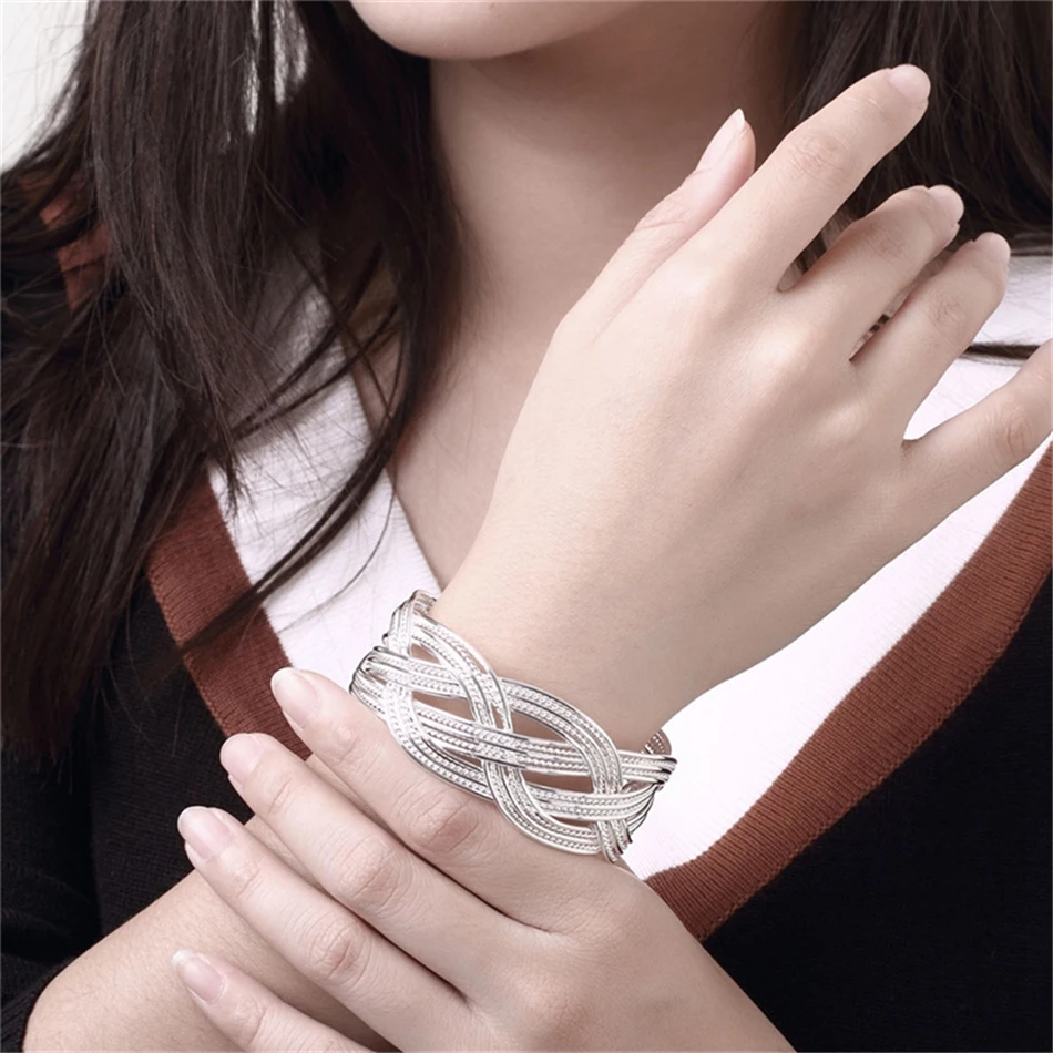 Women's 925 Sterling Silver Interwoven Web Bangle Ring Set, Elegant