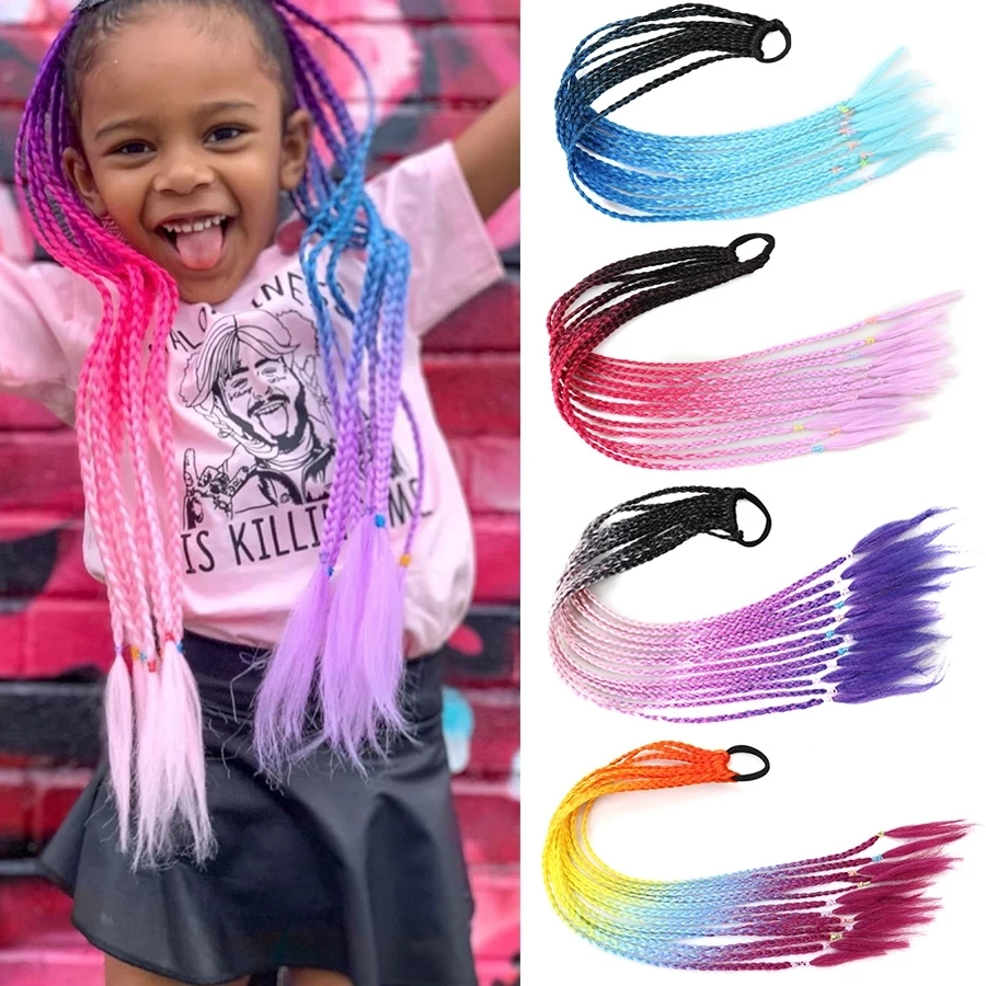 Synthetic Ombre Red Blue Pink Rainbow Overhead Tail Colorful Box Braids Ponytail Hair Extensions with Elastic Band False Pigtail