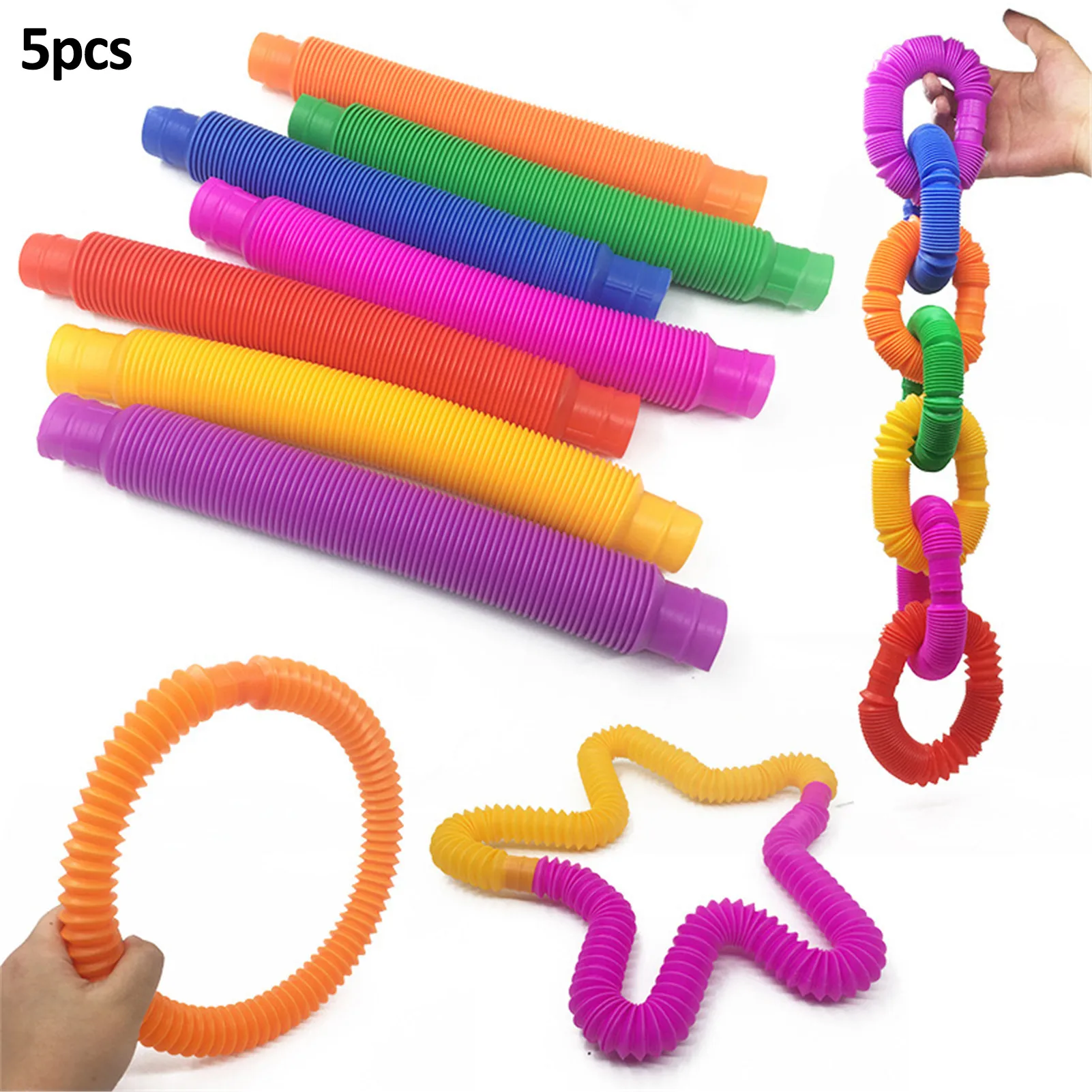 Durável brinquedo prático Plaything para crianças, Drawtube, tubo ondulado, estiramento tubo, descompressões, brinquedo sensorial, 5pcs por conjunto