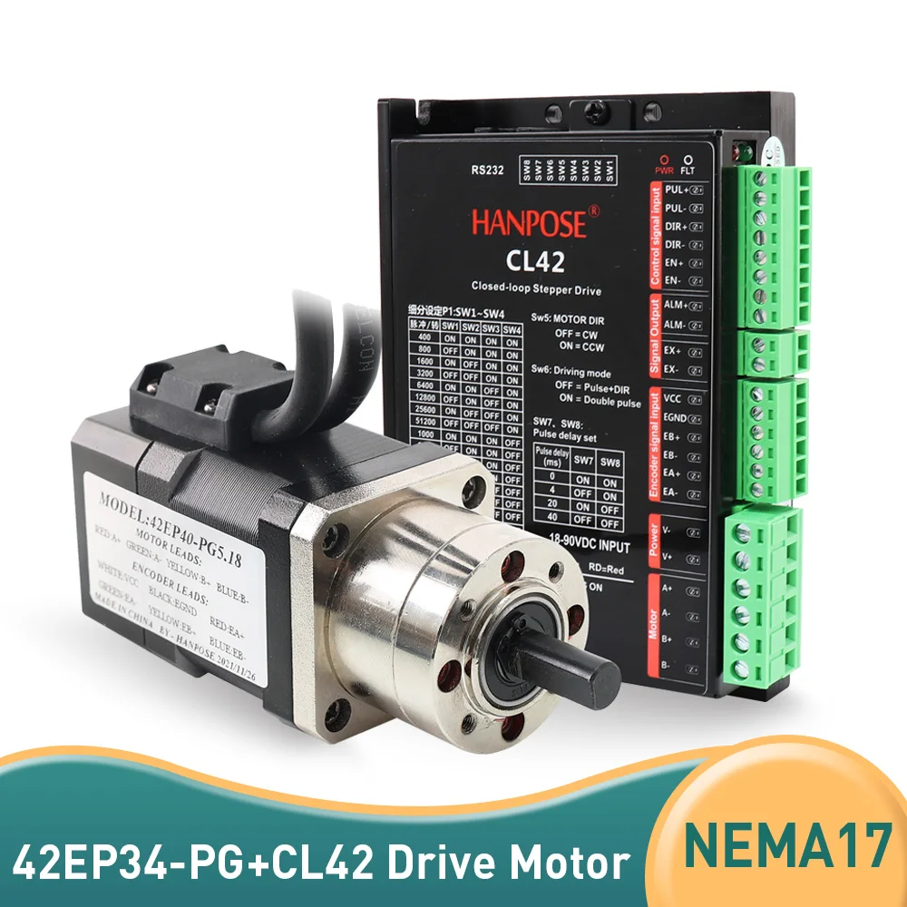 

42EP34-PG 2.0A 0.3N.M Ratio 5.18-1 71-1 100 - 1 closed loop deceleration gear stepper motor CL42 driver set with encoder for cnc