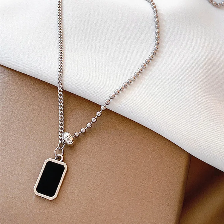 Silver color Rectangle Black Stone Necklace Women Clavicle Chain Fine Jewelry Party Wedding Accessories