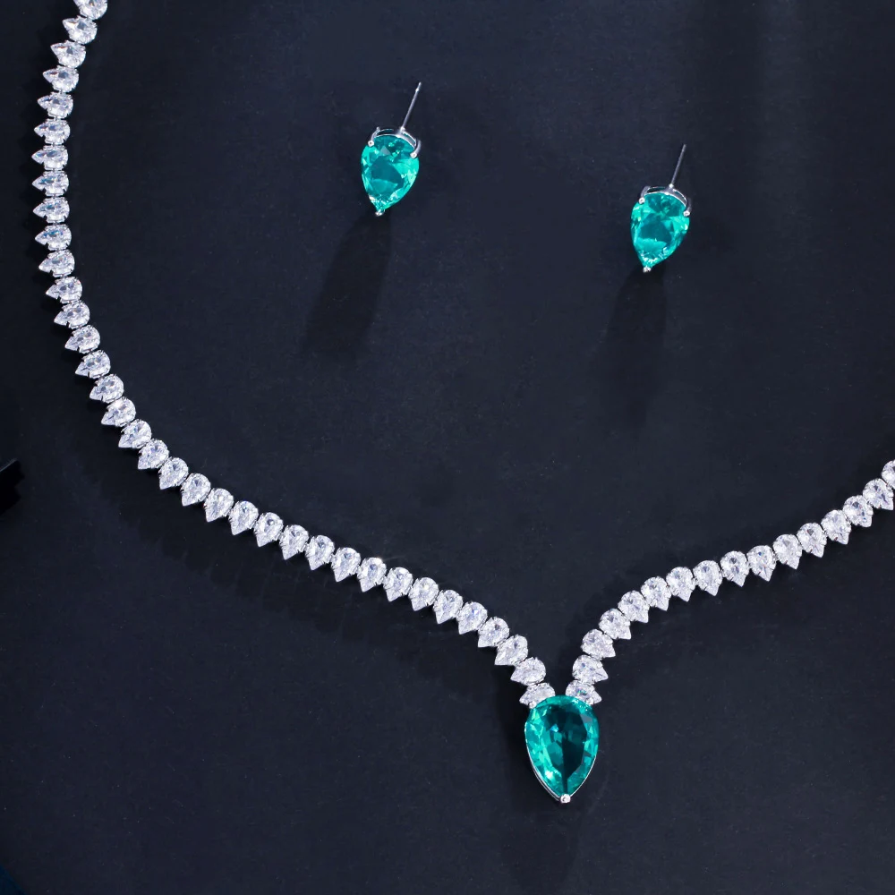 CWWZircons Elegante Große Hellgrüne Wassertropfen CZ Halskette Ohrringe Damen Verlobungsfeier Kostüm Schmucksets Großhandel T0773 – Detail 6