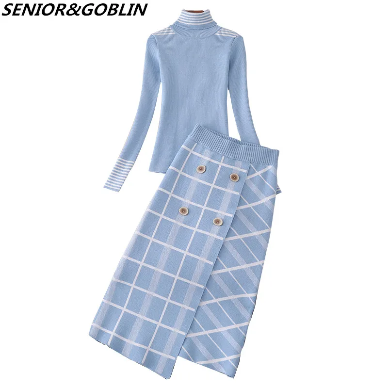 2023 Autumn Top Brand Designer Lady Twinset Women Sweater Skirt Two Piece Set Winter High Neck Knitted Top+Plaid Skirt Suit Sets