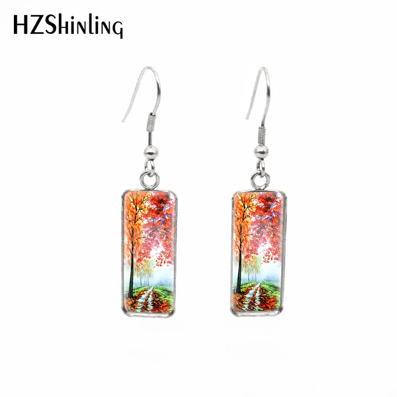 2020 New Forest Painting Earring Mysterious Trees Art Rectangular Earring Hook Earrings Glass Photo Jewelry