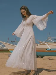 Women Summer Vintage Elegant Slim Blingbling Shiny Sequined White Long Beach Casaul Vacation Goddess Boho Maxi Dress