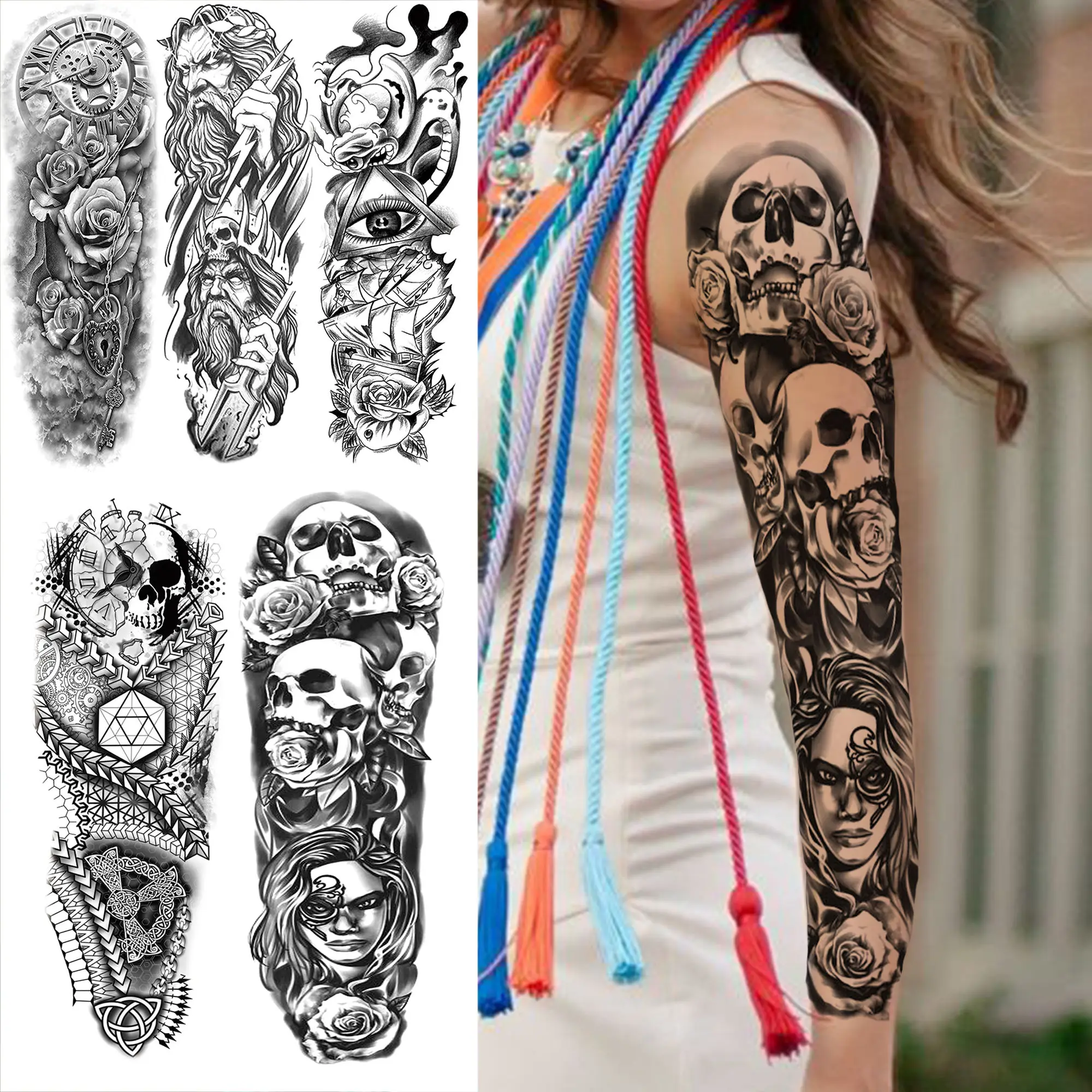 Halloween Realistic Skull Rose Temporary Tattoos Sleeve For Women Men Gangster Eye Compass Fake Tattoo Sticker Full Arm Tatoos