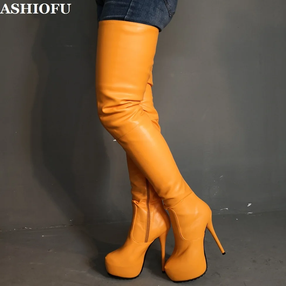 

ASHIOFU New High Heel Over-the-knee Boots Sexy Night-club Party Thigh High Boots Round-toe Dress Evening Fashion Long Boots