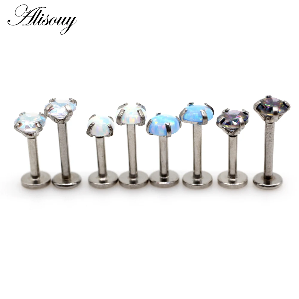 Alisouy 1pc Internally Threaded Prong Round Opal Zircon flat bottom Labret Stud Ear Tragus Cartilage Earring Lip Ring Piercing