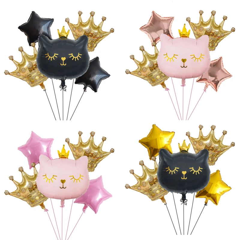 5PCS Large Crown Cat Helium Balloons Gold Crown Pink Black Cat Head Foil Ballon Valentines Day Birthday Party Wedding Decoration