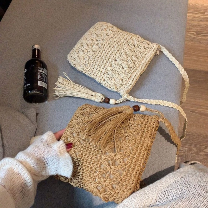 Women Beach Woven Straw Shoulder Messenger Bag with Tassel Boho Hollow Out Crochet Crossbody Handbag Macrame Clutch Purse with