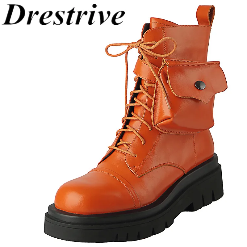 Drestrive 2022 Orange Shoe Bag Round Toe Women Ankle Boots Lace Up Platform Zipper Pu Leather Flat With Fashion