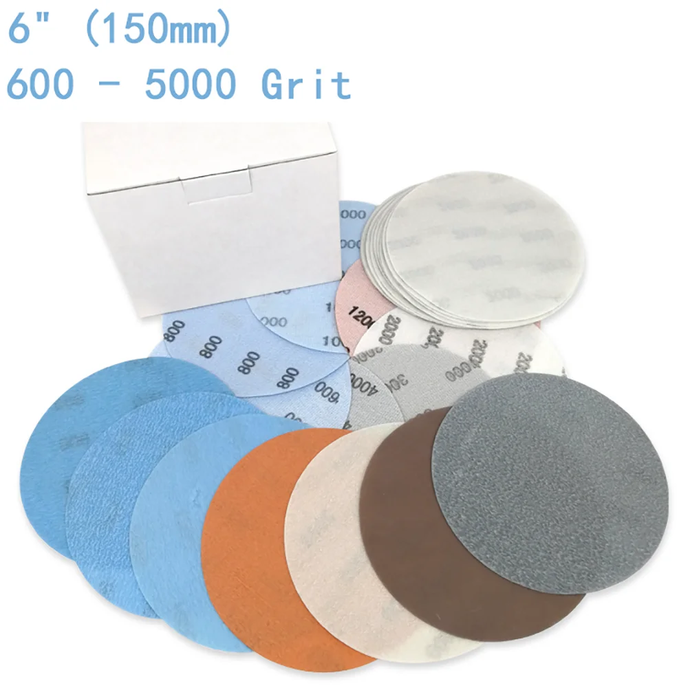 6 "150mm 샌딩 디스크 습식 및 건식 후크 및 루프 샌드페이퍼 궤도 샌더 패드 FV 초극세 필름 페인트 연마재 600-5000 그릿