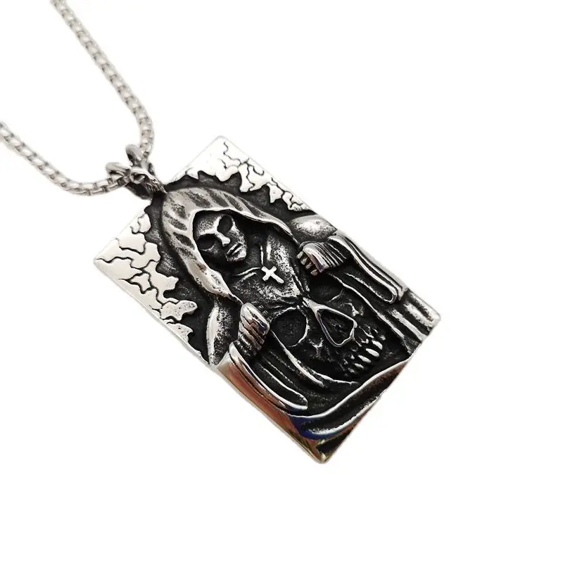 2024 new Gothetic cloaked Death God pendant necklace VIntage 316 stainless steel cool Death Skull cross dog tag necklace men