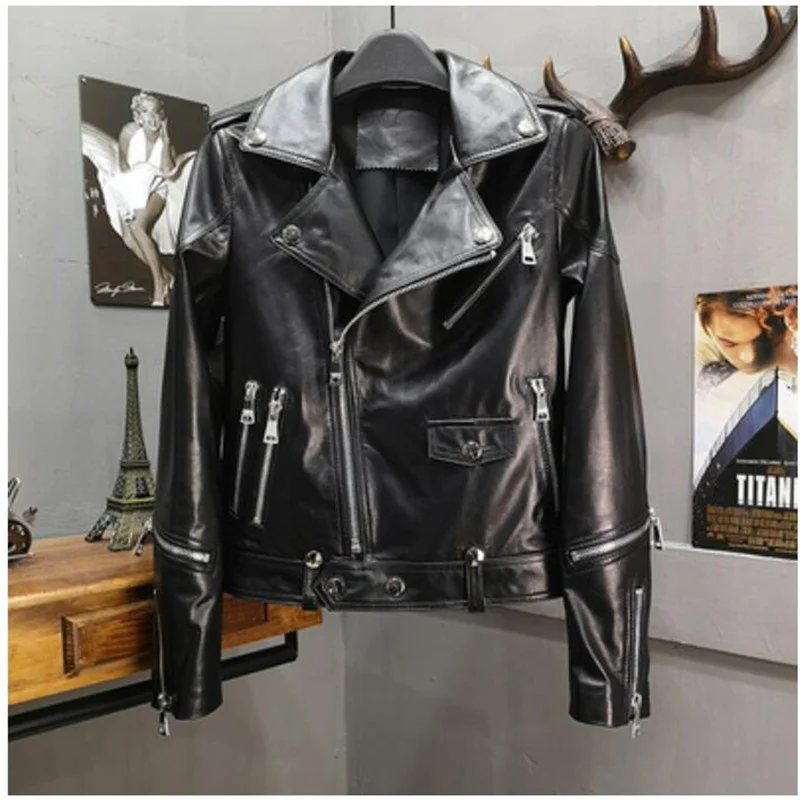 Genuine Leather Jacket Women Natural Real Sheepskin Ladies Coat Autumn Winter Motorcycle Punk Casual Outerwear Female Size 3XL