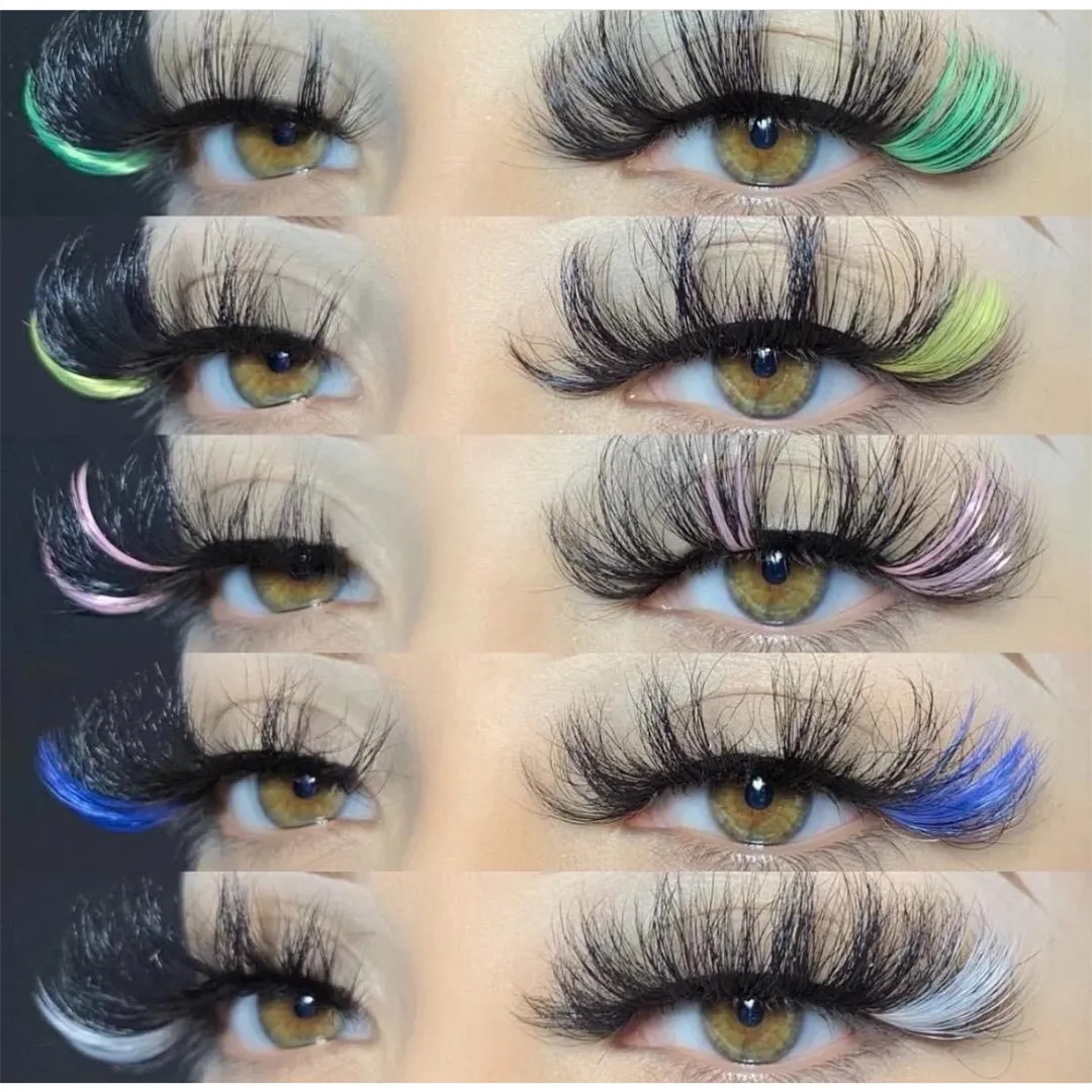 ขายส่งที่มีสีสันใหม่ล่าสุด100% Mink Lashes ผสมสีชมพูสีแดงสีขาวขนตาปลอมนุ่ม Cilias ผู้ขาย Ombre สีชมพู