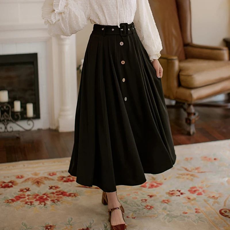 Streetwear Long Skirt Women High Waist Single breast Pleated Skirts WIth Belt Summer Autumn Maxi Skirt jupe femme