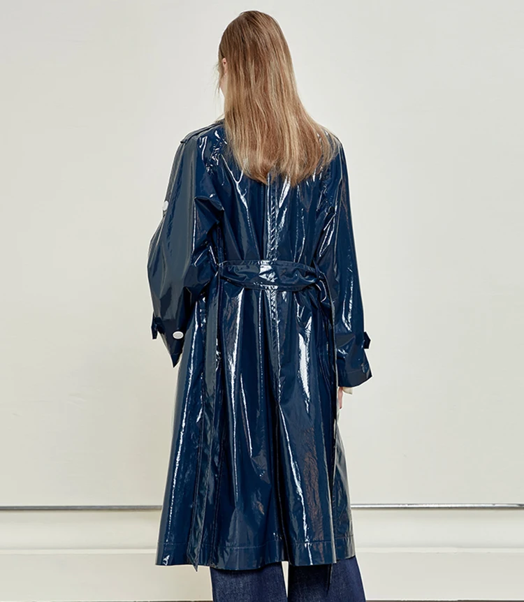 Nerazzurri Spring Autumn Waterproof Long Thin Soft Flowy Shiny Reflective Dark Blue Faux Leather Trench Coat for Women 2025