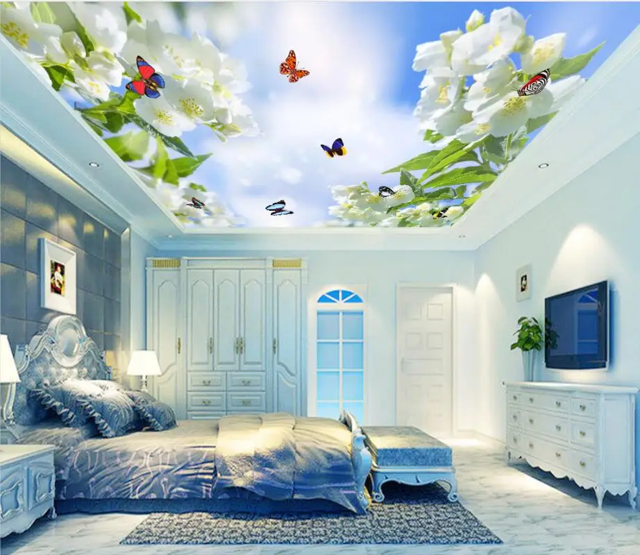 

Custom 3D Wallpaper Roll Flower, butterfly, blue sky and white clouds Bedroom Living Room Ceiling Decoration Mural Wall