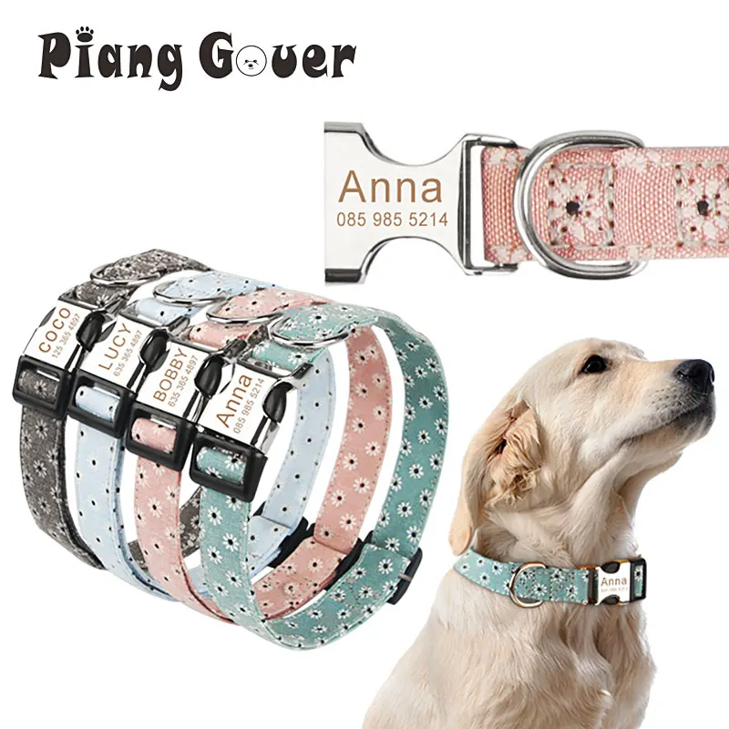 Customized Pet Collar Flower Dog Collar Engraved Tag ID Name Puppy Collars for Small Medium Large Dogs Pug