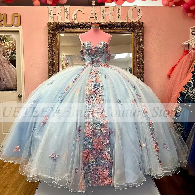 Xanh Dương Ngoài Khơi Vai Kim Sa Lấp Lánh Quinceanera Đầm Voan Tay Ngắn Áo Thun Áo Vest 16 Váy Tutu Ngọt Ngào Bóng Đồ Bầu