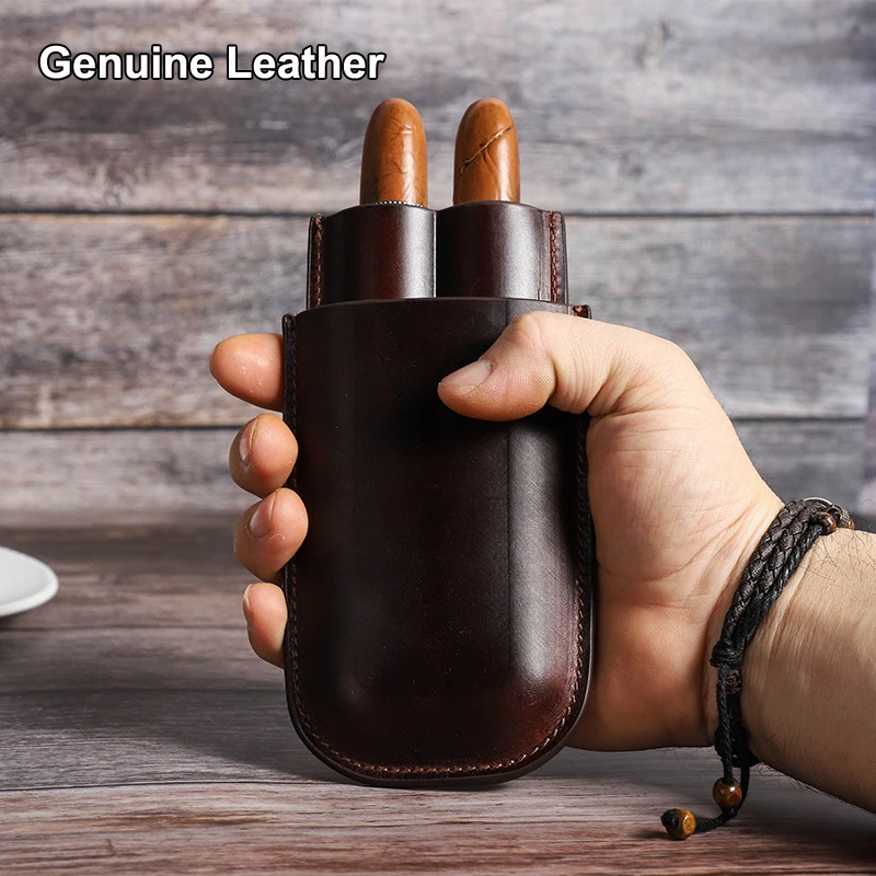 100% Genuine Leather Cigar Case Holster 2pcs Cigars Travel Carrying Cover Smoking Pipe Humidor Box Bag Fit for COHIBA Cigars