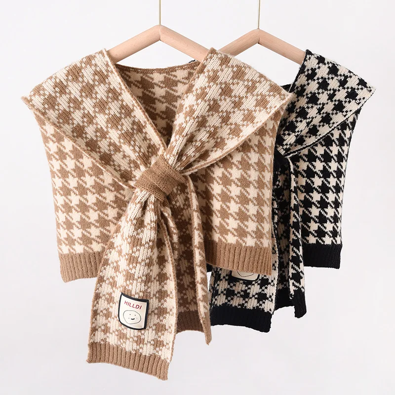 2024Korean Woolen Knit Warm Shawl Winter Female Blouse Shoulders Fake Collar Cape Knitted Scarf Houndstooth Neck Guard Scarve