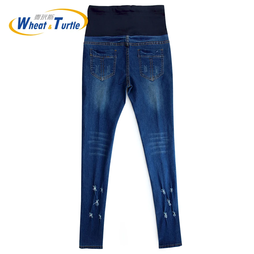 Hot Sale Good Quality Cotton Denim Skinny Maternity Jeans Holes Contrast Stitching Pockets Pencil  For Pregnant Women