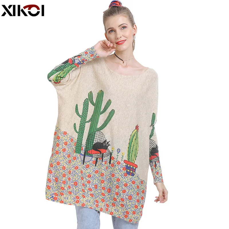 XIKOI Wool Oversized Sweater For Women Winter Long Pullover Dress Fashion Cactus Print Jumper Casual Knitted Sweater Pull Femme