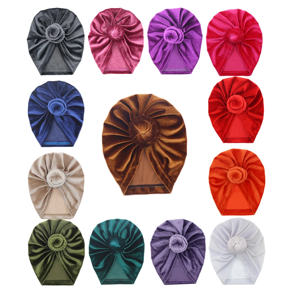 Solid Velour Baby Beanies Snail Dodut Winter Stretch Turban Knot Head Wrap Velvet Hat India Cap Newborn Hair Accessories Bandana