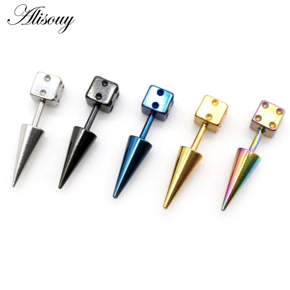 Alisouy 2pcs Fashion Punk Gothic Dice Spike Cone Square Stainless Steel Ear Stud Earrings Male Men women Piercing Jewelry Gift view 2