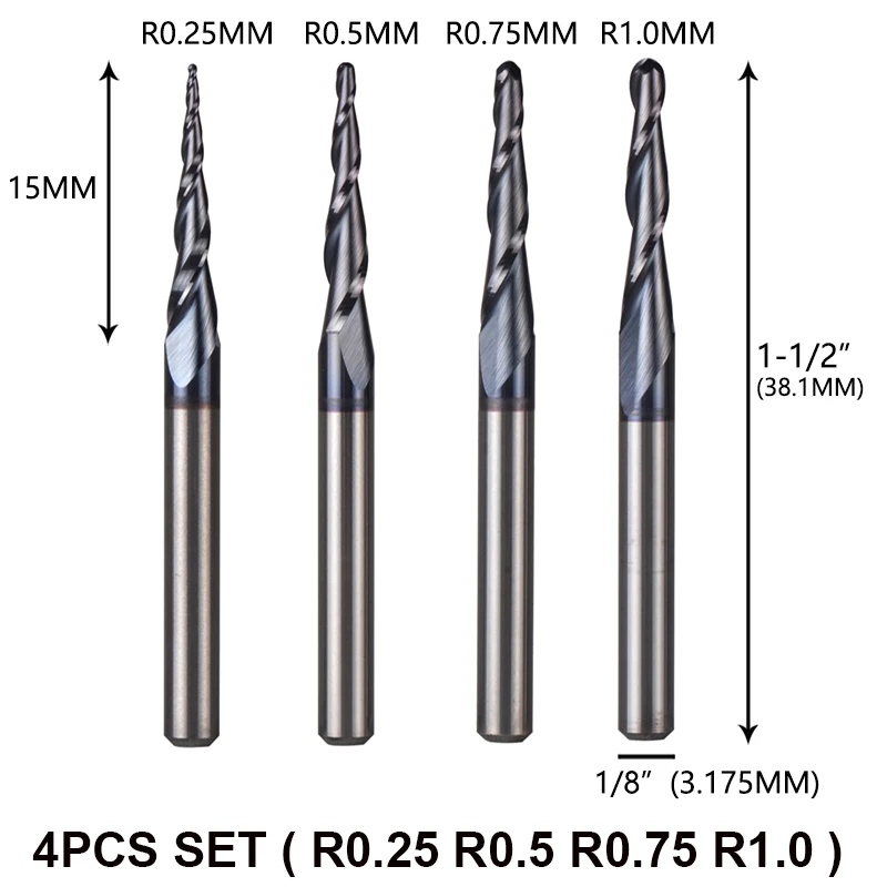 4 szt./partia frez trzpieniowy z węglika spiekanego calowy rozmiar 3,175 mm kulisty stożkowy frez CNC do drewna i metalu