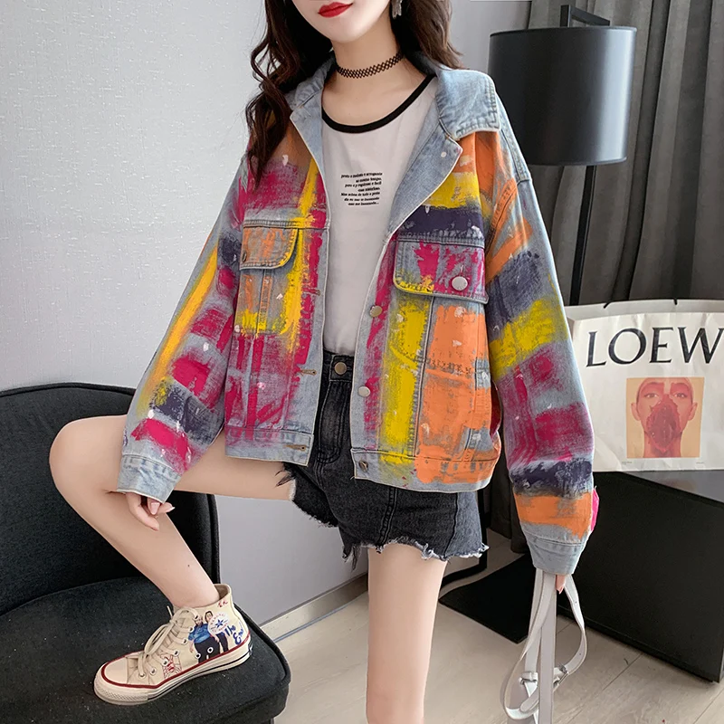 

Spring Autumn Fashion Brand Women All-match Denim Jacket 2024 Womens Colorful Graffiti Printed Jacket Female Jeans Outwear