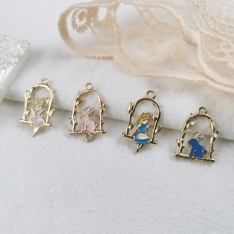 10Pcs Cartoon Alice in Wonderland Alice Girl and Rabbit Enamel Dangle Charms Pendant for Women DIY Handmade Jewelry Accessories