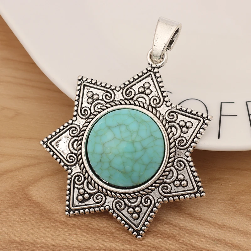 2 Pieces Tibetan Silver Large Flower & Faux Turquoise Charms Pendants for DIY Necklace Jewellery Making Accessories 74x56mm