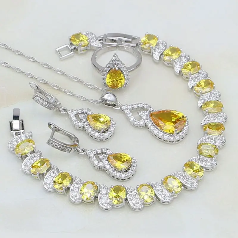 Yellow Cubic Zirconia White CZ 925 Silver Jewelry Sets For Women Wedding Adjustable Open Ring/Earring/Pendant/Necklace/Bracelet