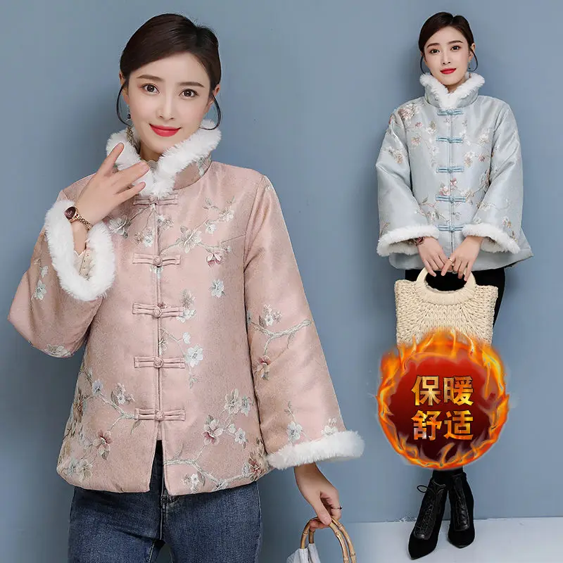 Winter Chinese Style Retro Printing Jacquard Thick Quilted Faux Rabbit Fur Short Coat Cotton Padded Jacket Stand Up Parka M2044