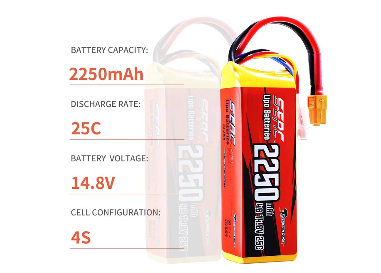 Sunpadow 4S Lipo-Akku 2250 mAh 14,8 V 25 C mit XT60-Stecker für RC-Car-Boot-Modell Racing Hobby 2 Stück – Detail 4