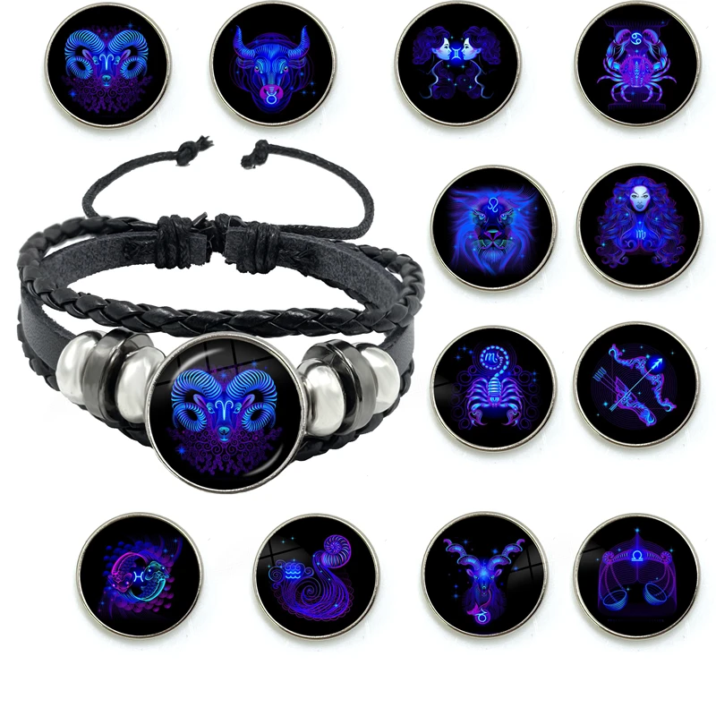 12 Constellations Bracelet Personality  Rope Bracelet Black Button Leather Glass Bracelet Male Female Fashion Accessories Gift