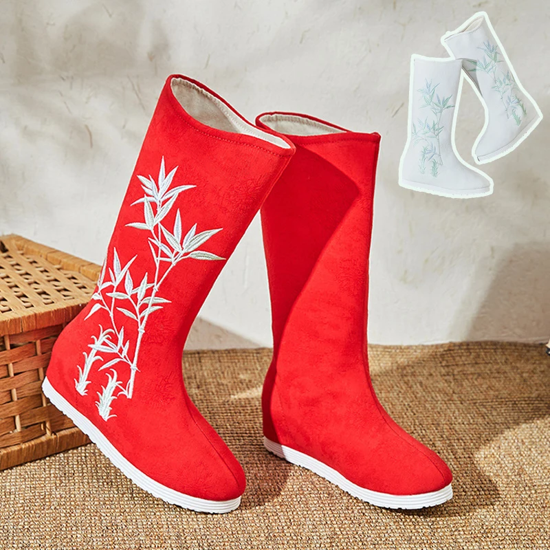 

Women Original Opare Hanfu Boot Retro Chinese Style Bamboo Embroidered Shoes Autumn Winter Fur Plush Red White Knight Boots